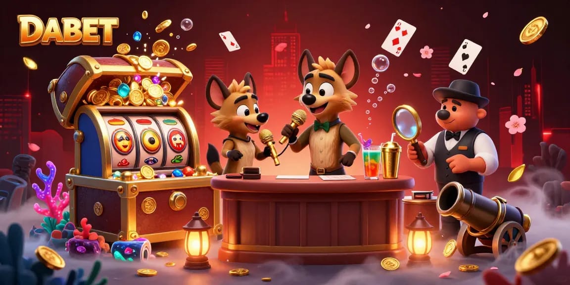 DABET showcases a vibrant casino scene with hyena characters engaging in fun activities, blending entertainment and gaming elements.