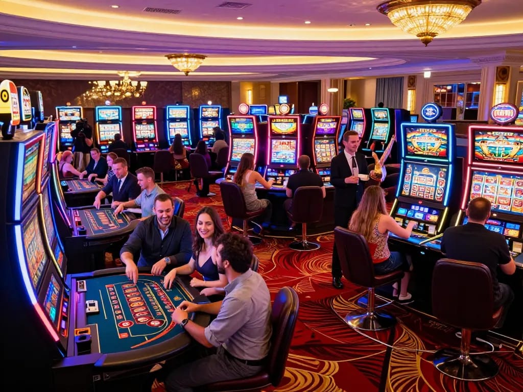 Players enjoying vibrant slots at nhà cái lv88's luxurious casino floor, celebrating wins.