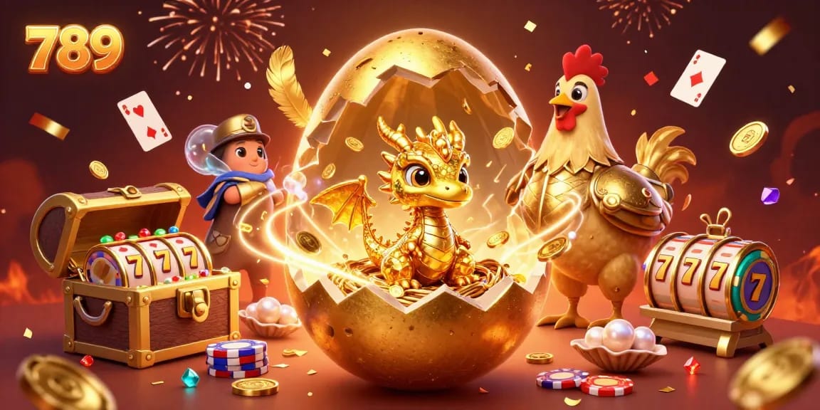Win big at 789 Casino with a baby dragon guarding poker chips amidst gold coins and vibrant slot elements.