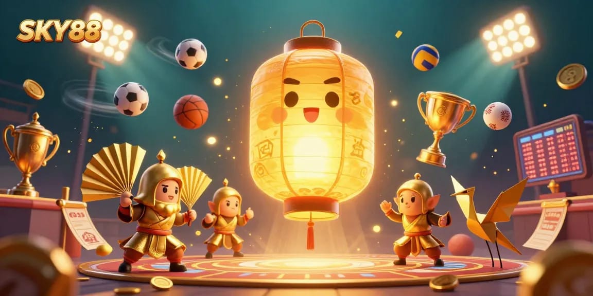 Action-packed illustration of SKY88 featuring dynamic sports elements and glowing characters in a vibrant casino scene.