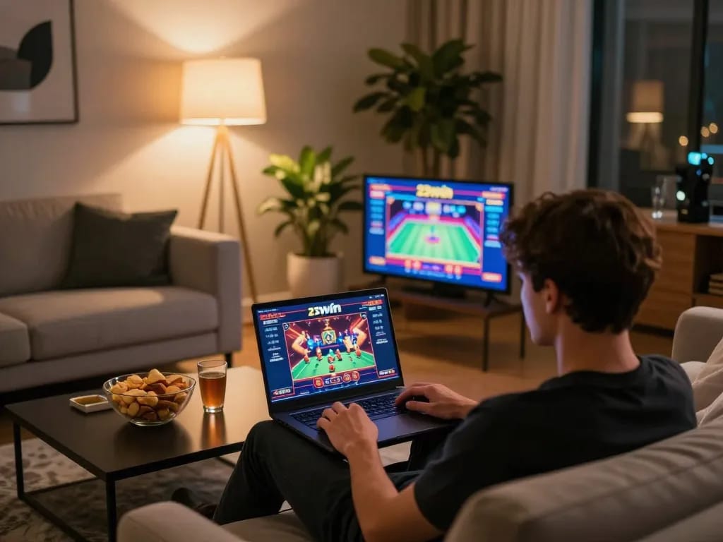 Engaging with 23win online casino interface during a comfortable home gaming session.