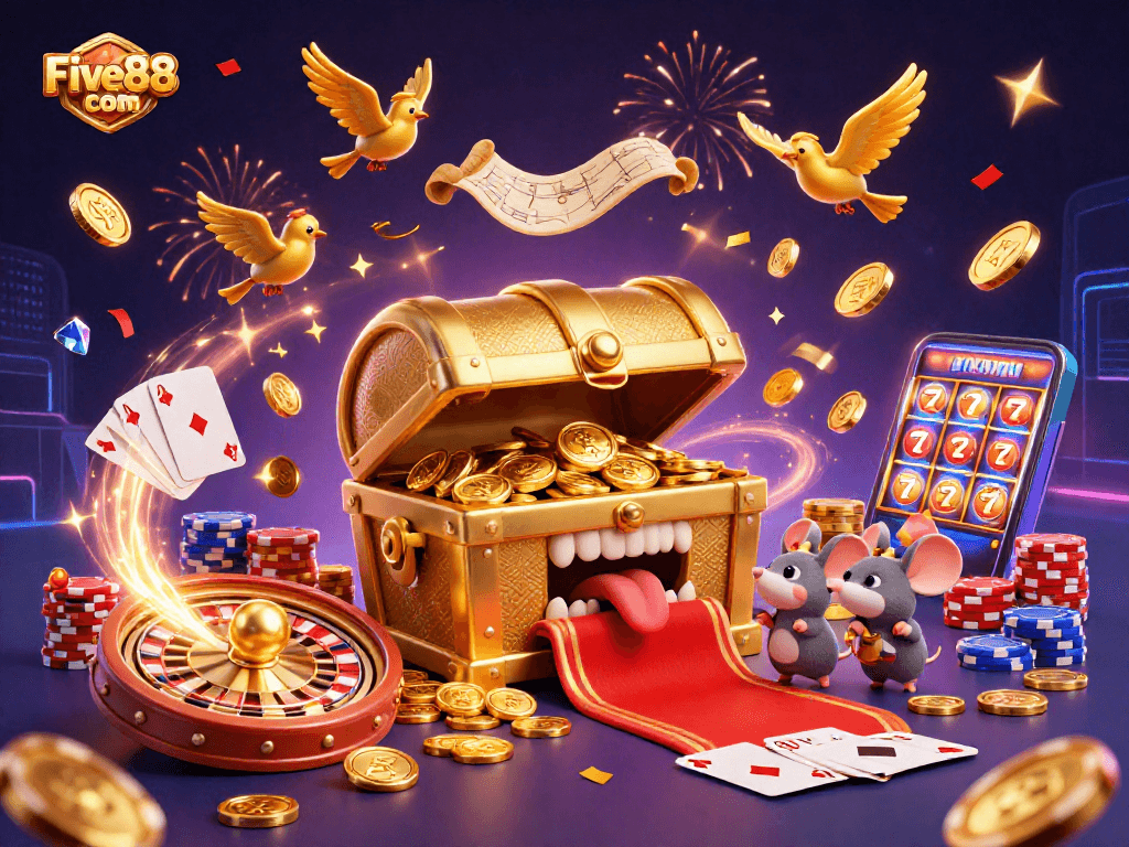 Engage in thrilling games at Five88 com with a dynamic casino scene showcasing golden treasures and exciting gameplay elements.