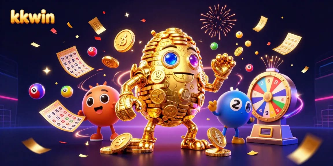 Join the fun at kkwin with a vibrant lottery scene featuring bouncing numbered balls.