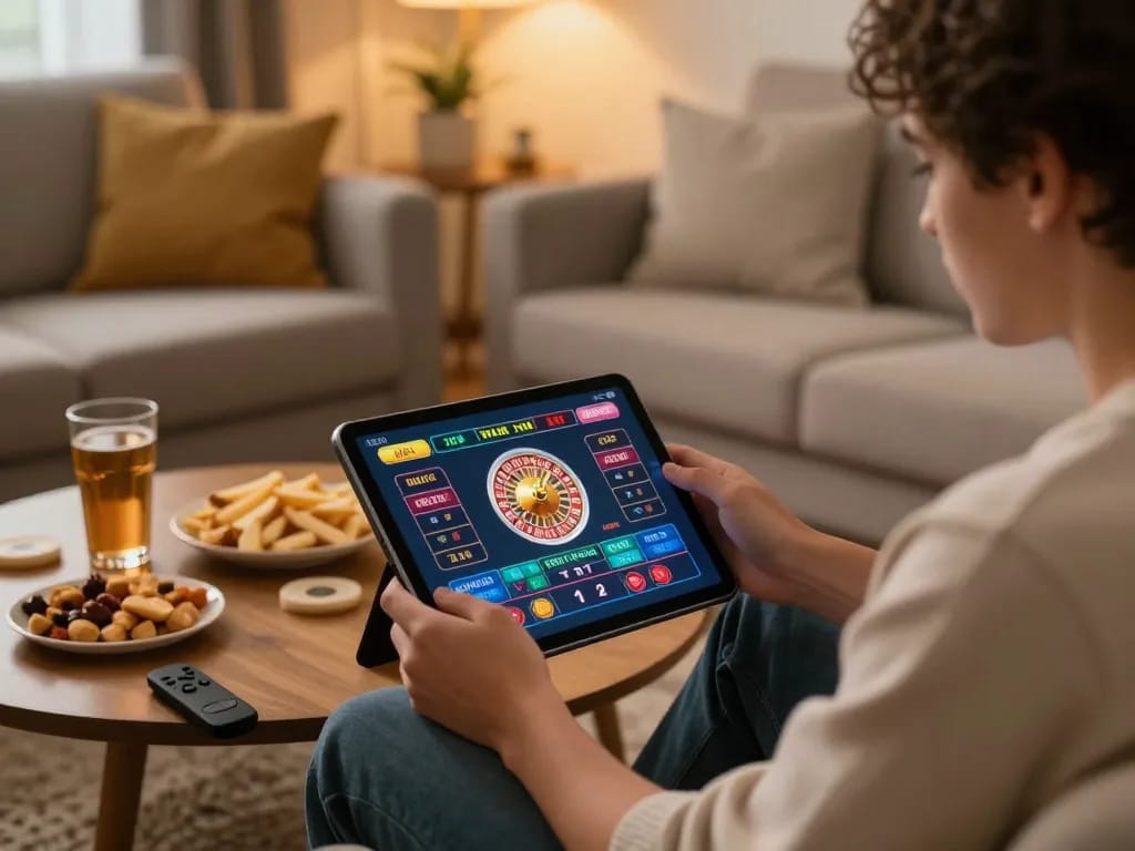 Engaged user playing live roulette on tablet, showcasing TA88 online gambling excitement.