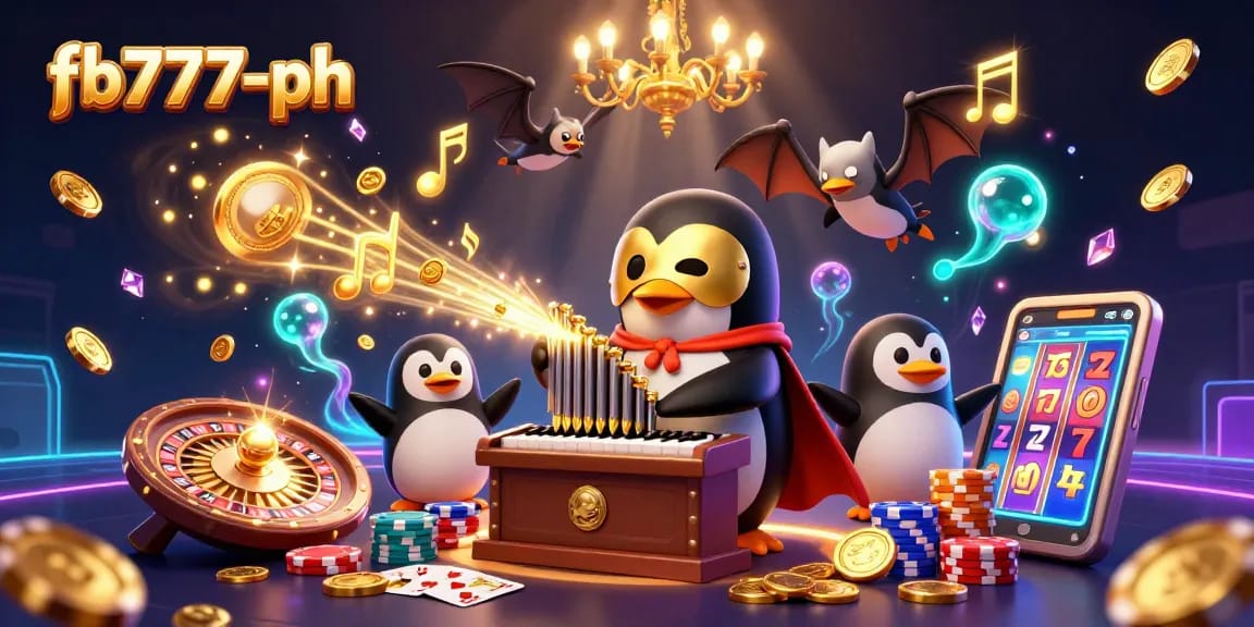 Experience the thrilling action of fb777-ph with a 3D penguin organist surrounded by casino elements.