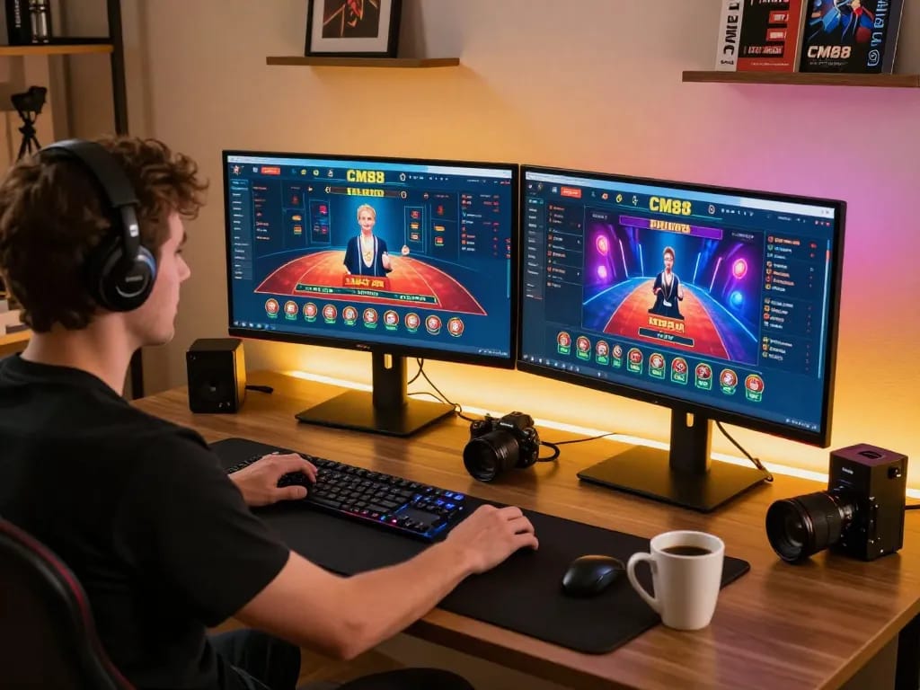 Engaged player placing bets on CM88's online casino platform from a modern home setup.