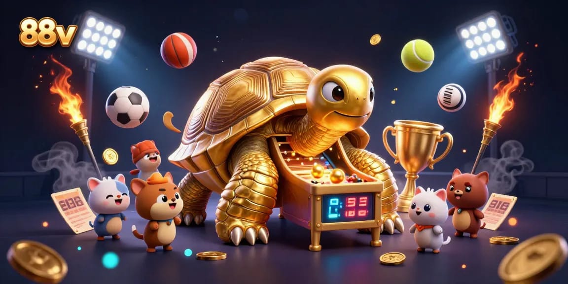 Engage with 88vv's vibrant gambling scene, featuring a golden tortoise pinball machine.