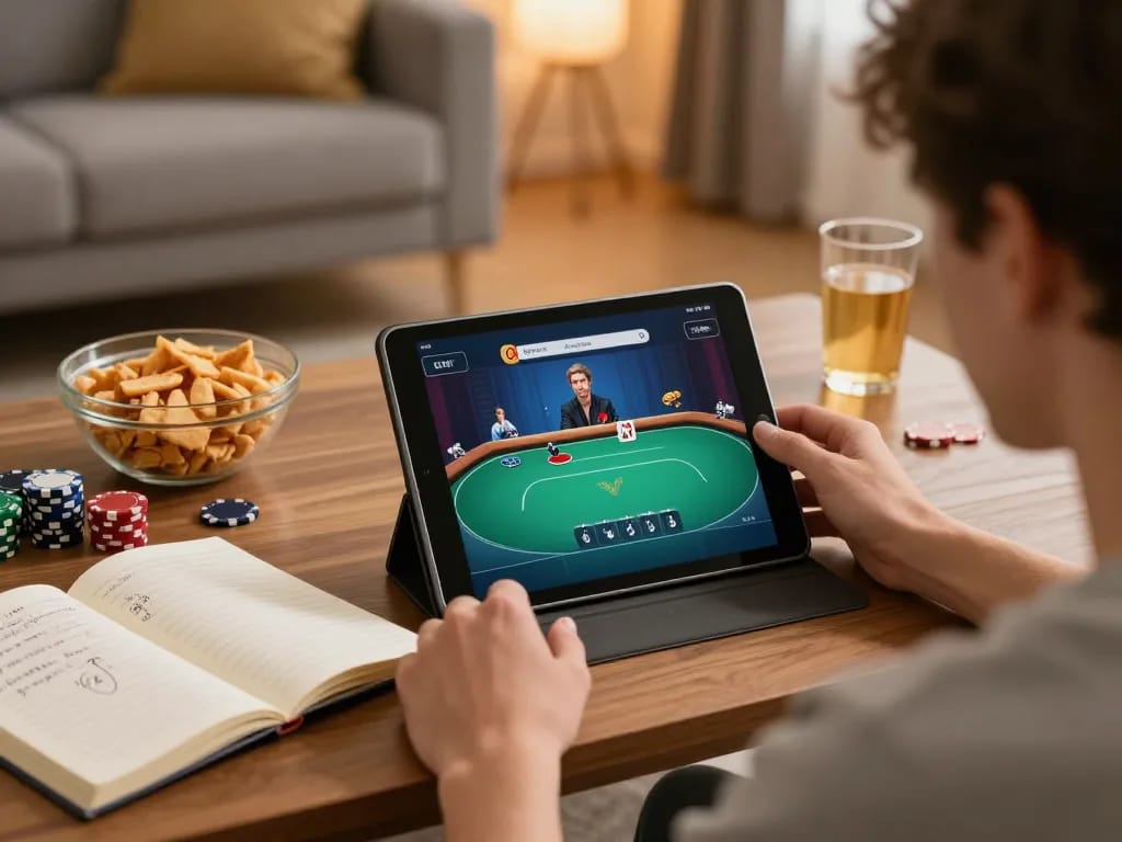 Engaged player utilizing Oxbet for online poker gameplay in a cozy home setting.