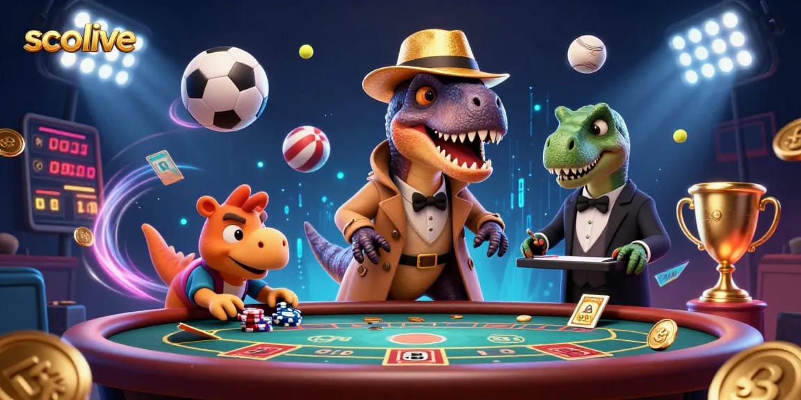 Socolive offers thrilling sports betting action as a velociraptor attempts to sneak chips at a blackjack table.