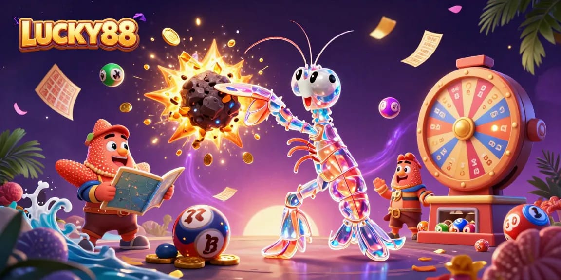 LUCKY88 slot game excitement with vibrant elements and characters in a dynamic 3D scene.