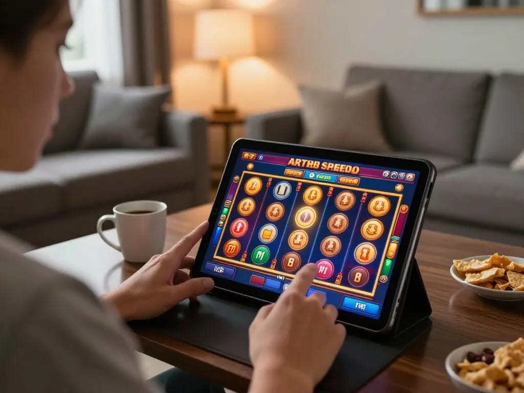Engaged player enjoying slots game on cm88casino tablet in cozy living room setting