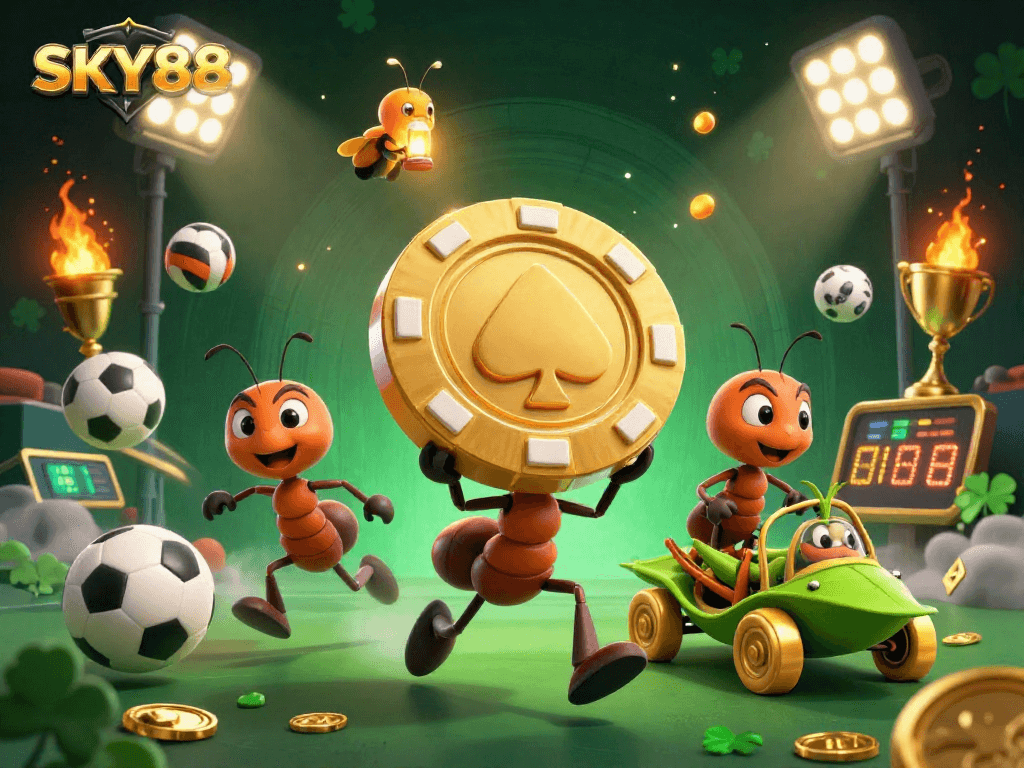 Experience the thrill of SKY88 as a cartoon team races for a golden poker chip amidst dynamic gambling elements.