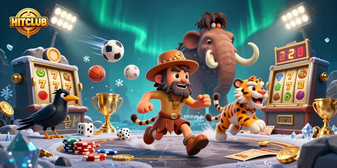 Experience thrilling gameplay at HITCLUB with a dynamic scene of cavemen, slot machines, and cheering crowd.