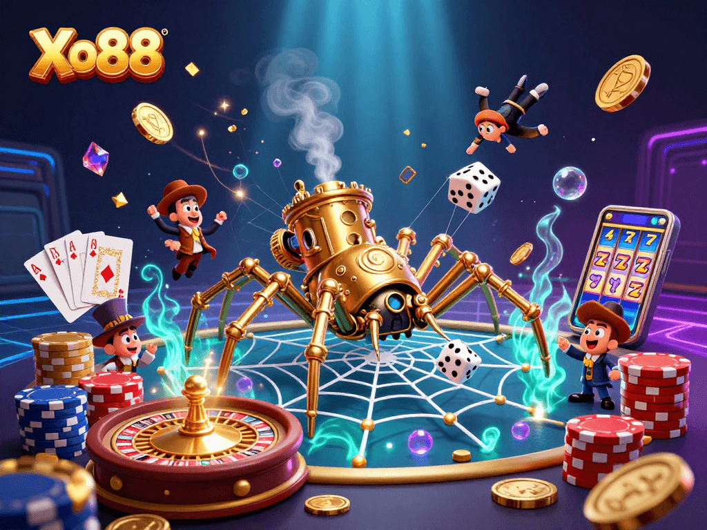 Xo88 captivates players with its dynamic golden spider web and captivating casino scenes, spinning excitement.