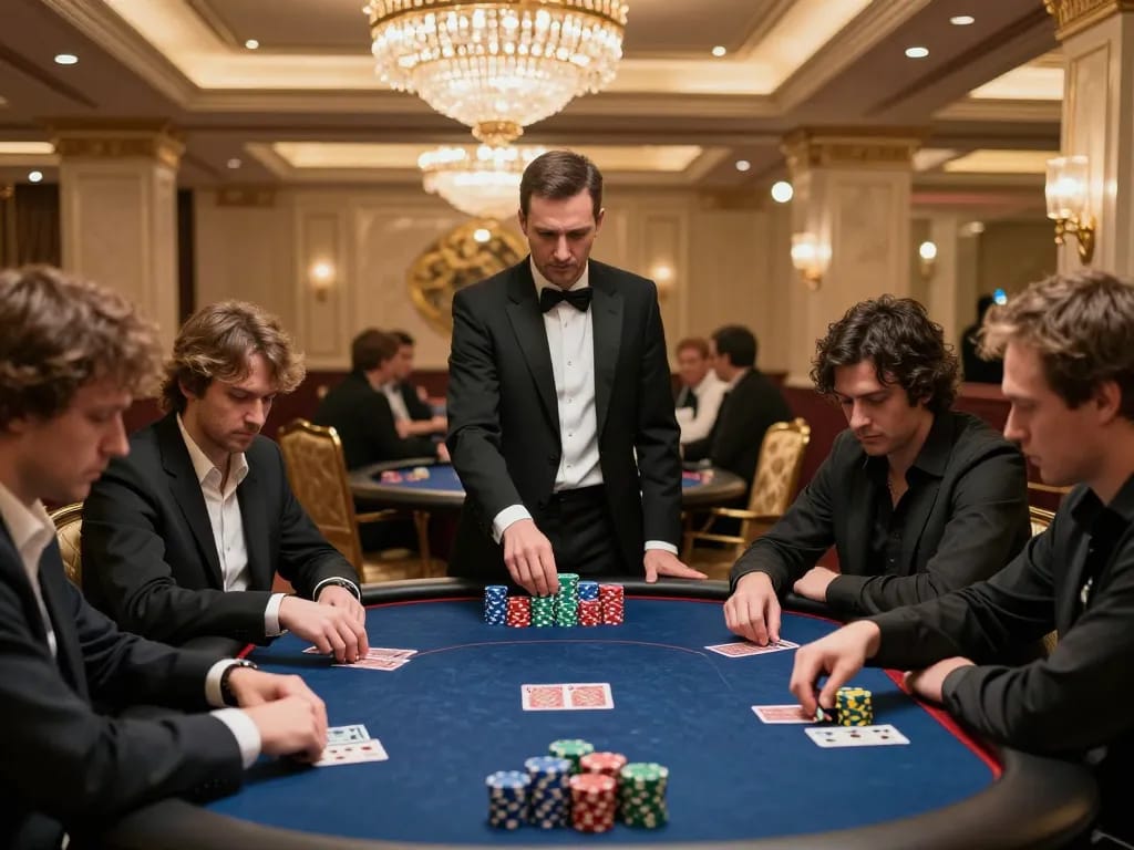 Players strategizing at TR88 VIP poker table during an intense game, showcasing high stakes and rich atmosphere.