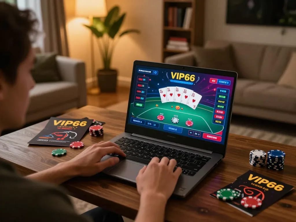 VIP66 player engaging in online poker action on a laptop at home, showcasing a vivid gaming interface.