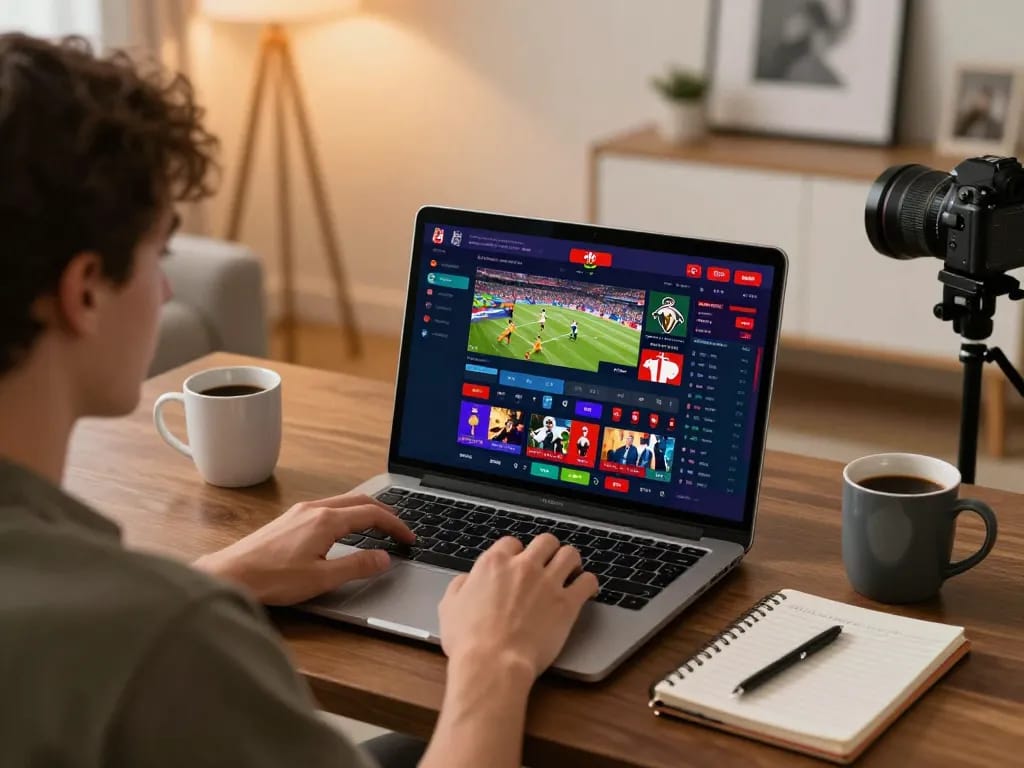 Player engaging with LC88 sports betting app on laptop, showing excitement and strategy.