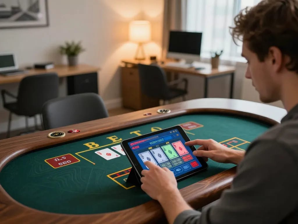 Engaged player using fc88z for online casino gaming on tablet at home with warm ambiance.