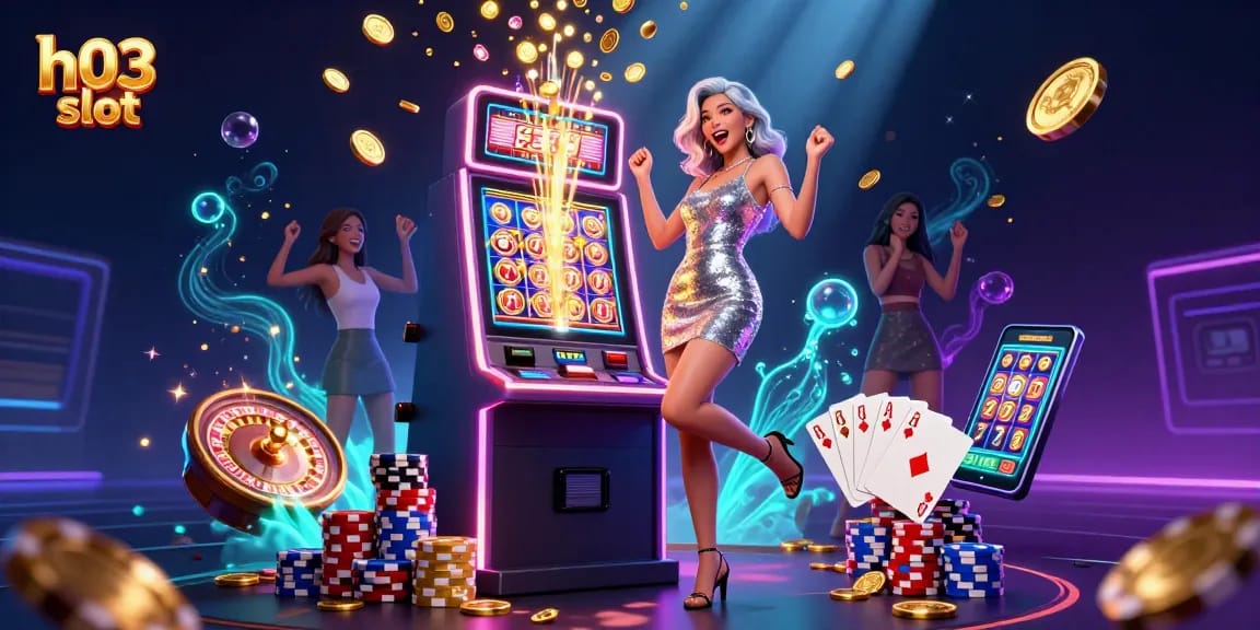 Rasakan kegembiraan slot h03 dengan pemandangan glamor yang menampilkan seorang wanita Asia yang bahagia merayakan jackpot.
