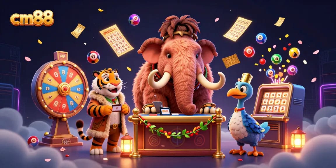 Experience thrilling gaming at cm88 with a lively scene of a woolly mammoth checking IDs and colorful lottery elements.