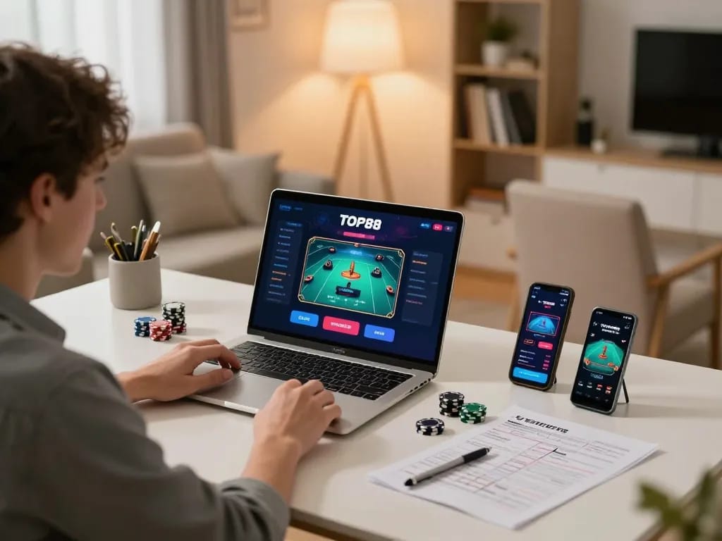 TOP88 user playing online casino games on a laptop, showcasing interactive gambling experience in a cozy setting.