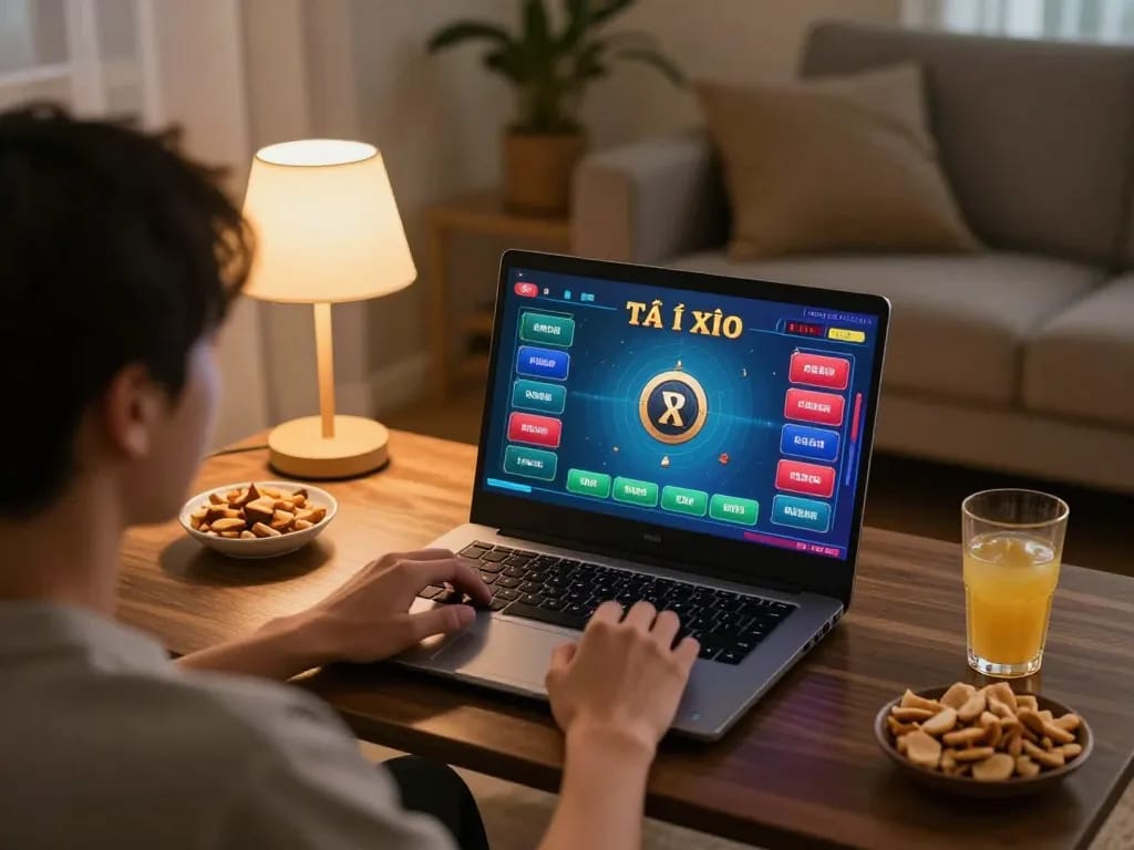 Tài xỉu online gaming in a cozy living room, player engaged with strategy notes.