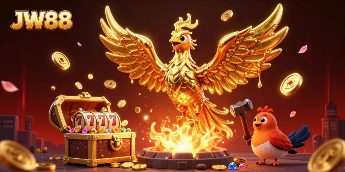 Experience thrilling gambling action at JW88 with a golden phoenix amidst treasures and dynamic game elements.