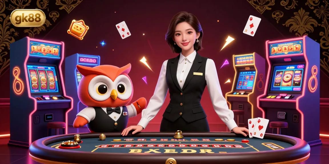 Experience exhilarating gambling action with gk88's immersive casino scene featuring dealers and vibrant game elements.