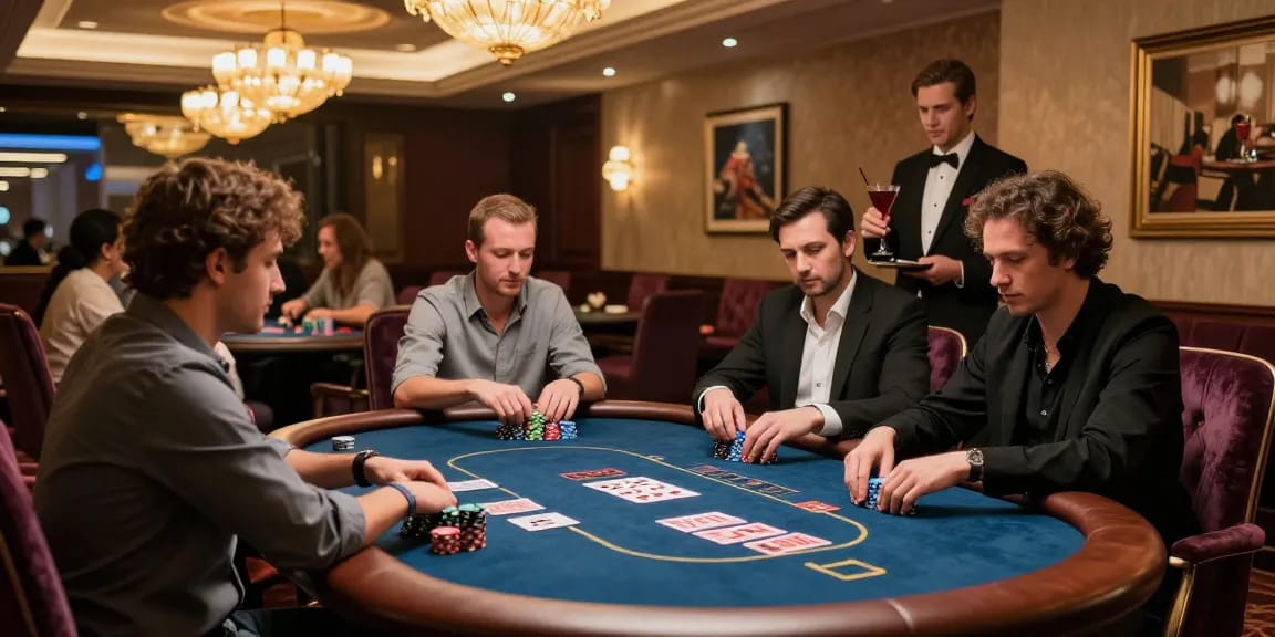 iwin high-stakes poker scene featuring players at an elegant casino table with vibrant ambiance