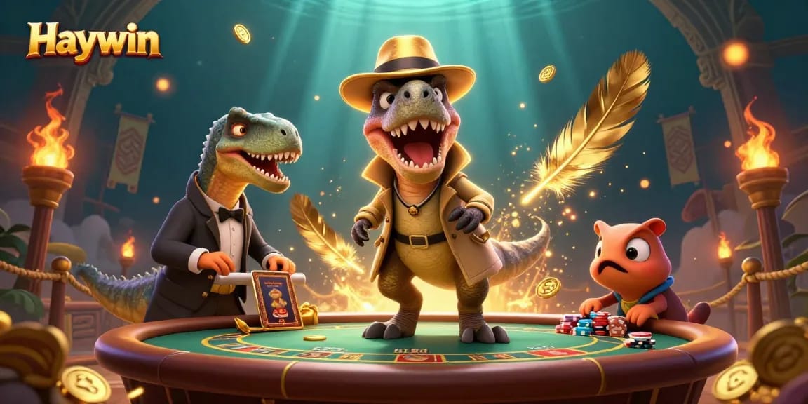 Experience thrilling gameplay at Haywin's blackjack table with a velociraptor card counter and friends.