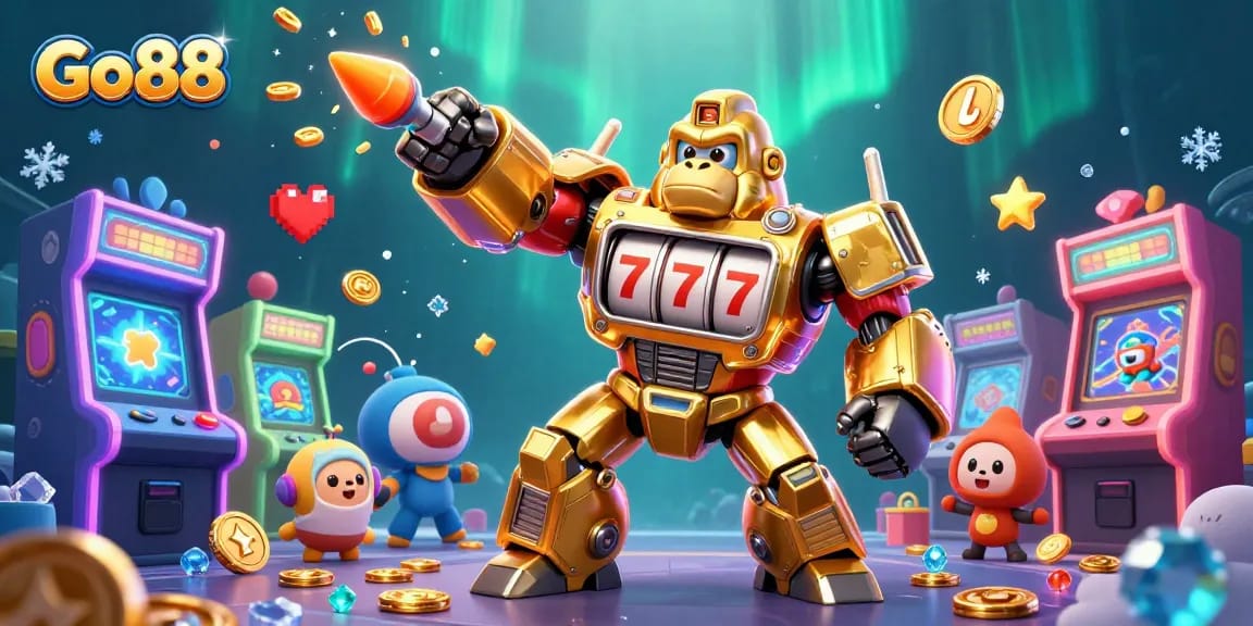 Experience the thrilling world of Go88 with a vibrant 3D illustration featuring a golden gorilla mech and arcade elements.
