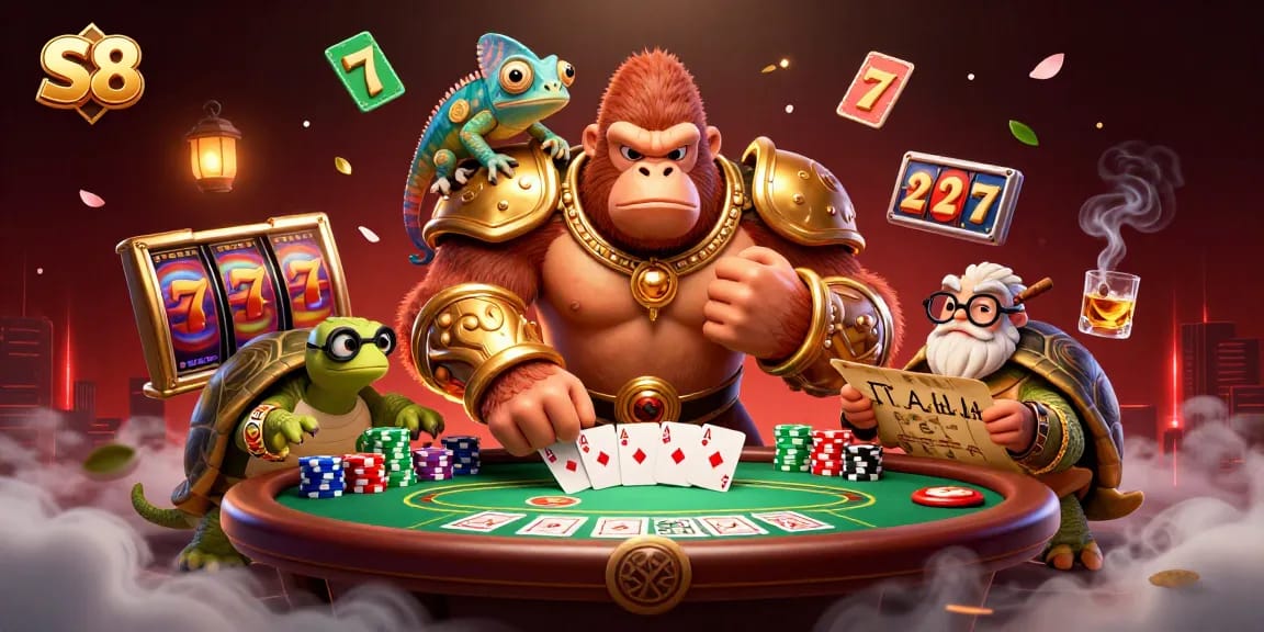 S8 showcases an epic battle scene in a casino setting with a gorilla king and vibrant slot reels.