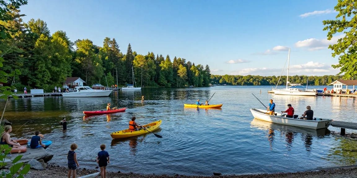 Families enjoying summer at Kawagama lake marina with boats and vibrant activities.