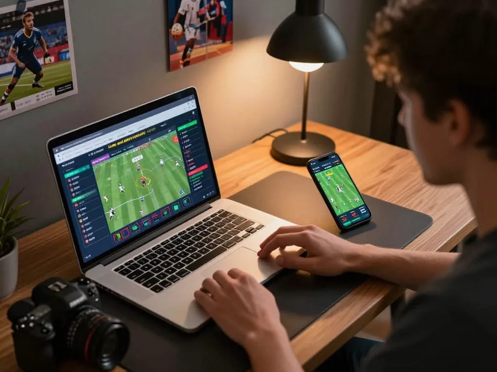 Sports betting session at home showing a person engaged in live betting on tv88, multiple devices in use.