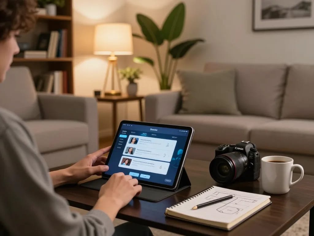 Sunwin user playing on a tablet, engaged in online gambling at home in a cozy setting.