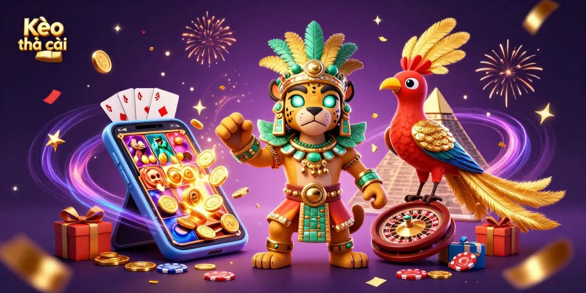 Engage with Kèo nhà cái through a vibrant scene of energetic gambling excitement, featuring a Mayan priest and a quetzal bird.