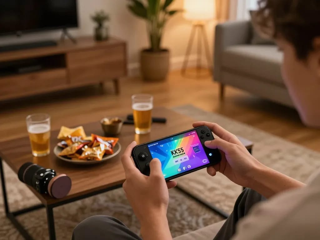 Engaging with the KK55 Game app on mobile in a cozy home setting, showcasing responsible gaming.