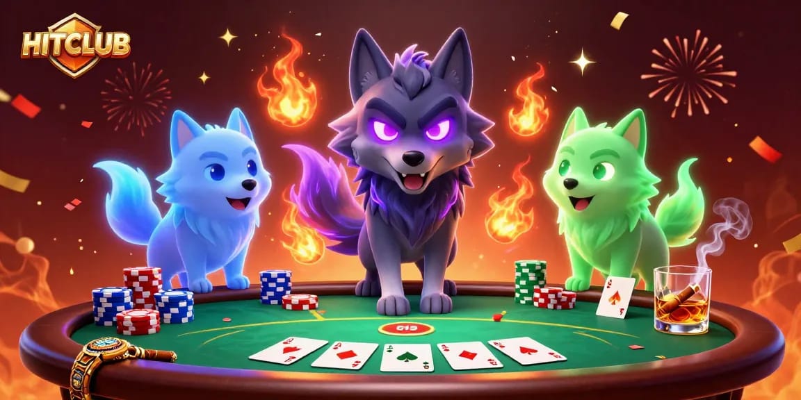 Experience HITCLUB's thrilling poker scene with glowing wolves and exciting game elements.