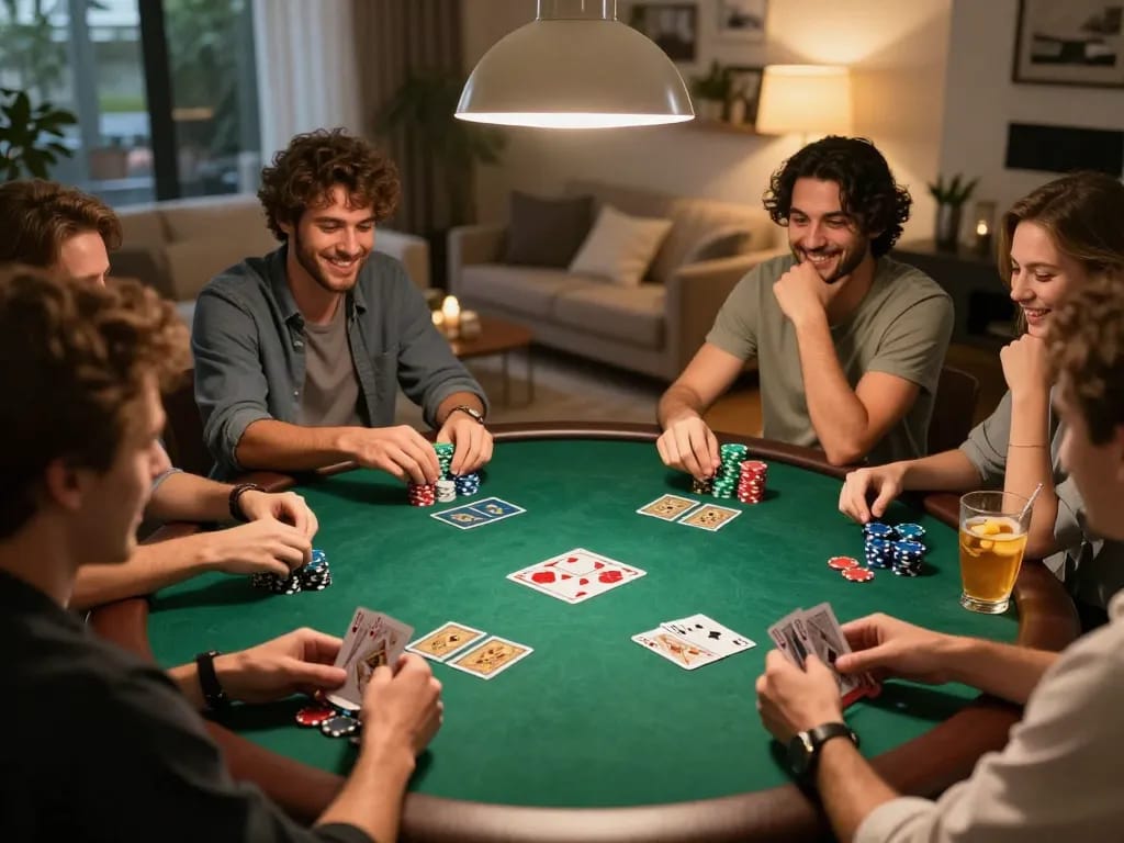 Friends playing poker at home, enjoying a lively game night with vaobet principles, chips stacked and cards dealt