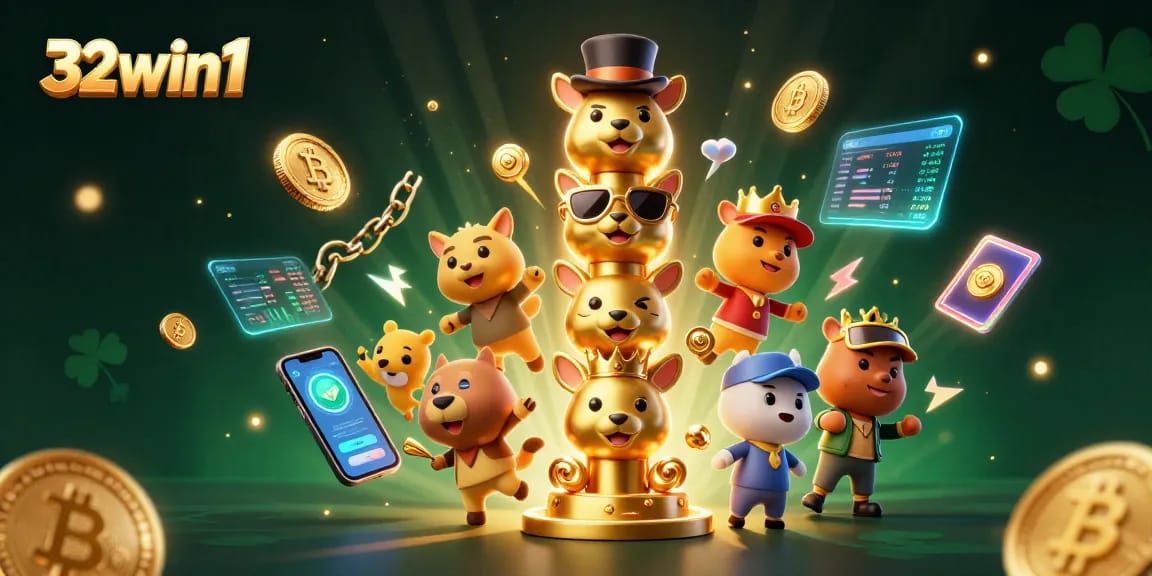 Engage with 32win1 at our vibrant casino scene featuring a golden totem and glowing crypto elements.
