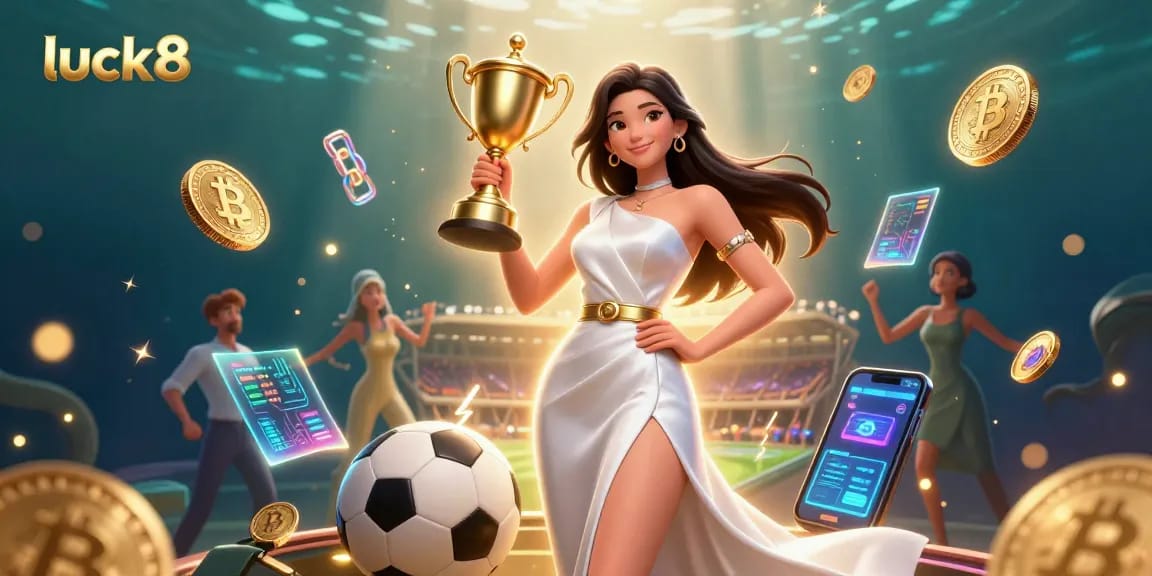 Luck8 casino woman triumphantly winning with golden trophy amidst vibrant gambling elements