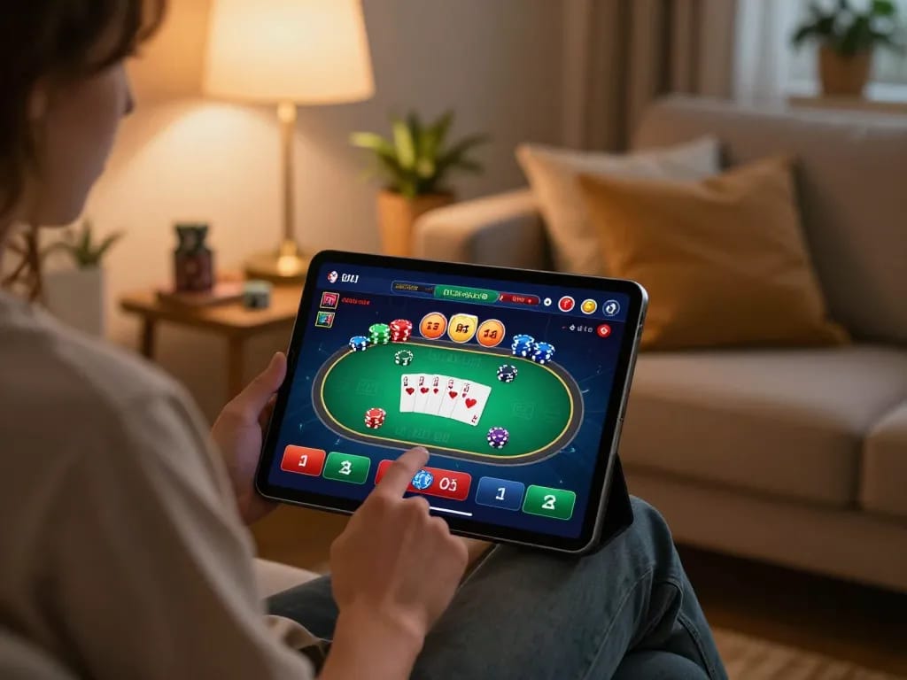 Engaging with MM88 online casino app on tablet at home, showcasing immersive gameplay.