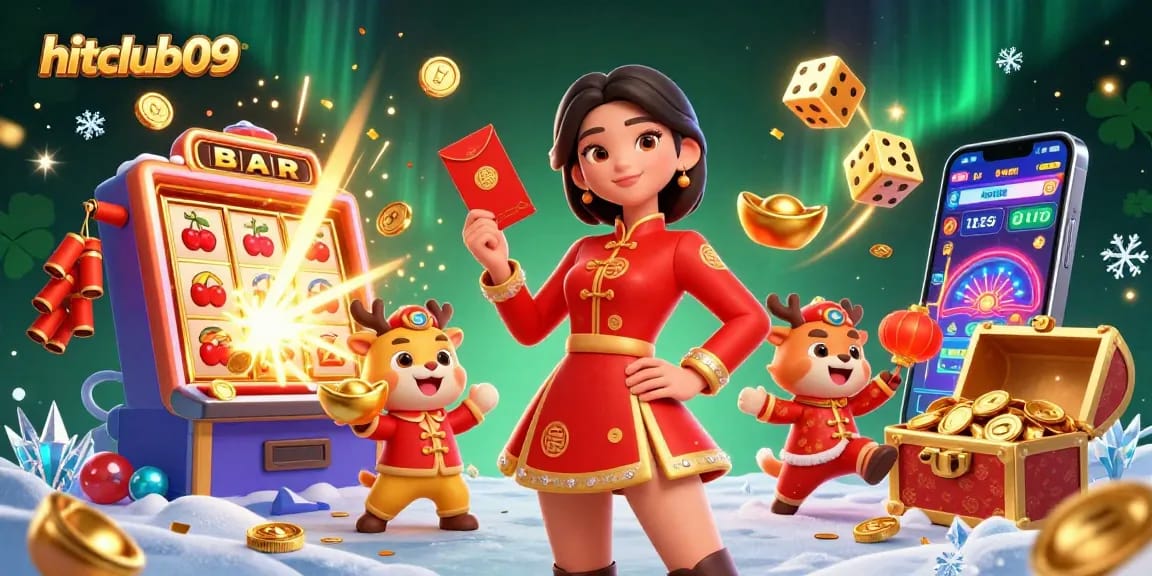 Engage with hitclub09 by celebrating wins at a vibrant 3D casino scene featuring exciting games and festive characters.
