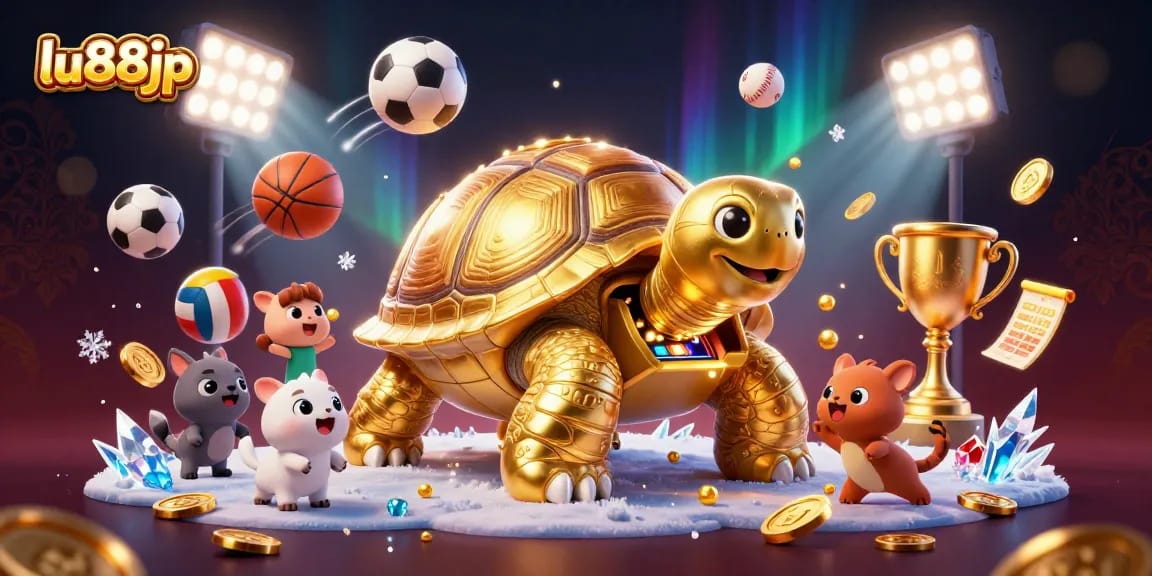 Experience exciting wins at lu88jp with a lively 3D casino-themed scene featuring golden tortoise and sports elements.
