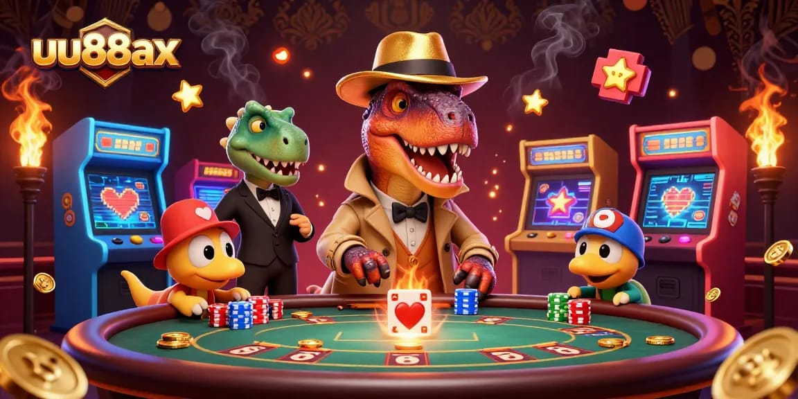 Engage with uu88ax at a vibrant casino scene showcasing thrilling card games with a velociraptor and stegosaurus characters.