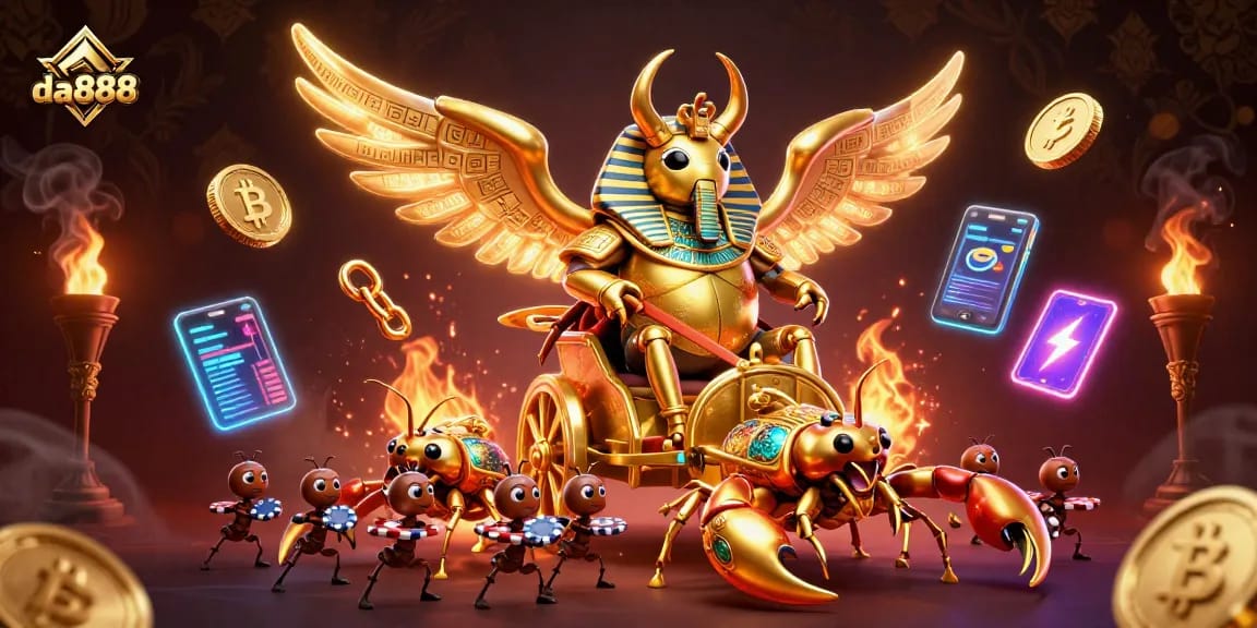 Engage with da888 and feel the thrill of the casino in an epic 3D scene with golden scarab, scorpions, and crypto elements.