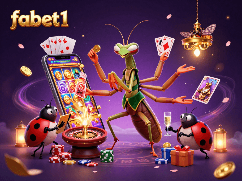 Engage with fabet1 in an exhilarating casino scene featuring a praying mantis card sharp and ladybug pit boss.