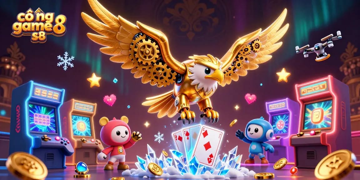 Experience thrills at cổng game s8 with vibrant arcade games and a spectacular eagle dive.