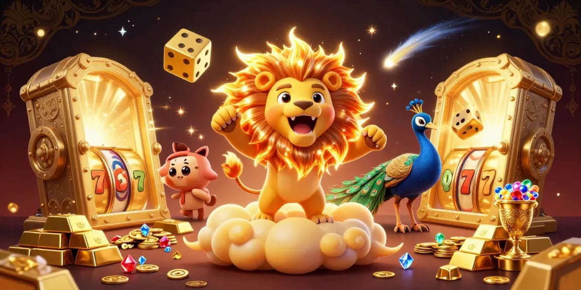 Spin to win with 747live-ph in a vibrant illustration featuring a sun lion and casino treasures.