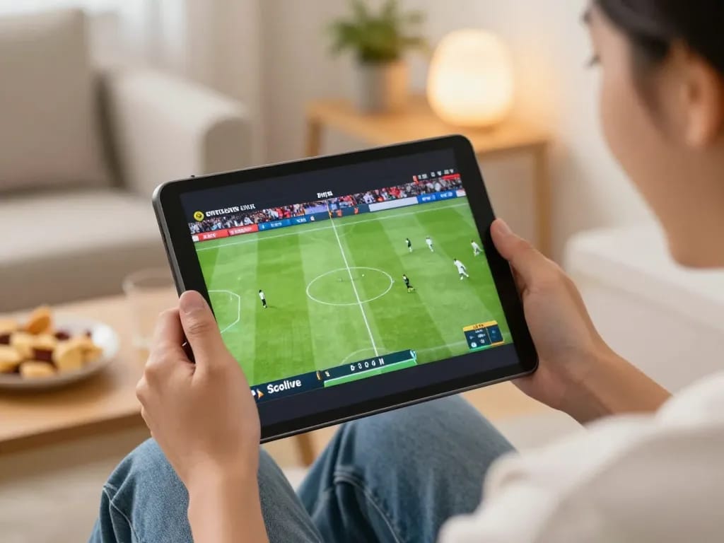 Socolive user engaged in live soccer streaming on tablet, showcasing interactive sports betting
